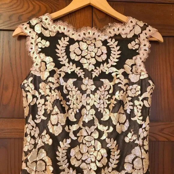 Tadashi Shoji Antique Pink Illusion Sequin Paillette Embroidered Lace Dress - Picture 3 of 15